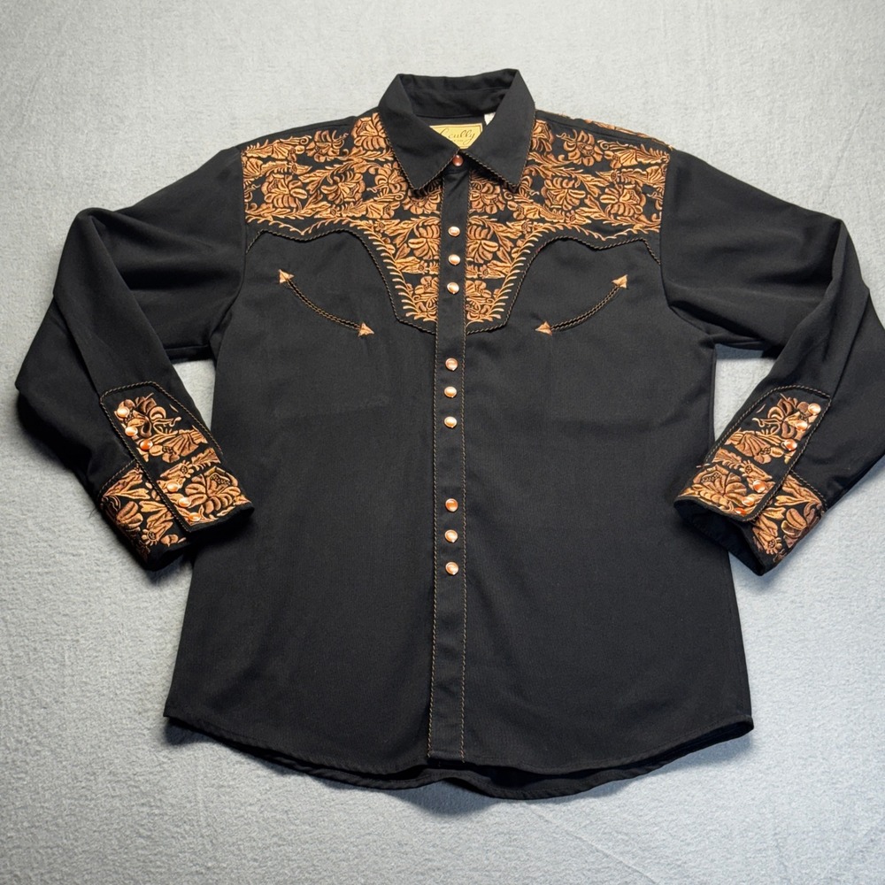 Scully Mens Western Shirt Black Copper Floral Embroidered Snap Front P-634 Small